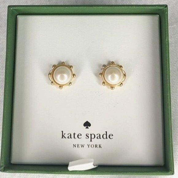 kate spade Jewelry - Kate Spade New York Earrings Stud Pearls Bezel Gold Flying Colors NEW